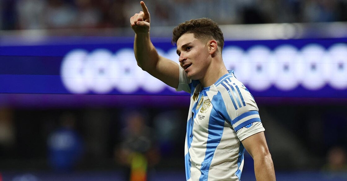 Argentina's Julian Alvarez celebrates scoring against Canada in the Copa America. Photo: Reuters/Agustin Marcarian