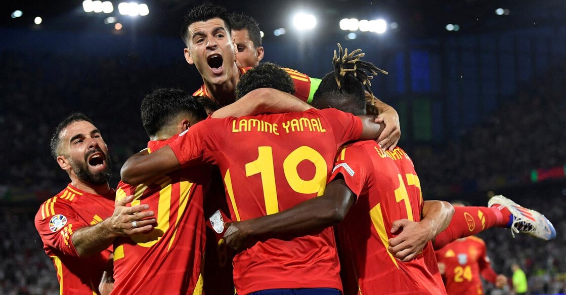 Spanish players celebrate their second goal against Georgia. File photo: Reuters/Fabian Bimmer