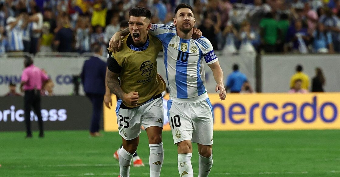 Argentina's Lisandro Martinez and Lionel Messi celebrate their win. Photo: Reuters/Agustin Marcarian