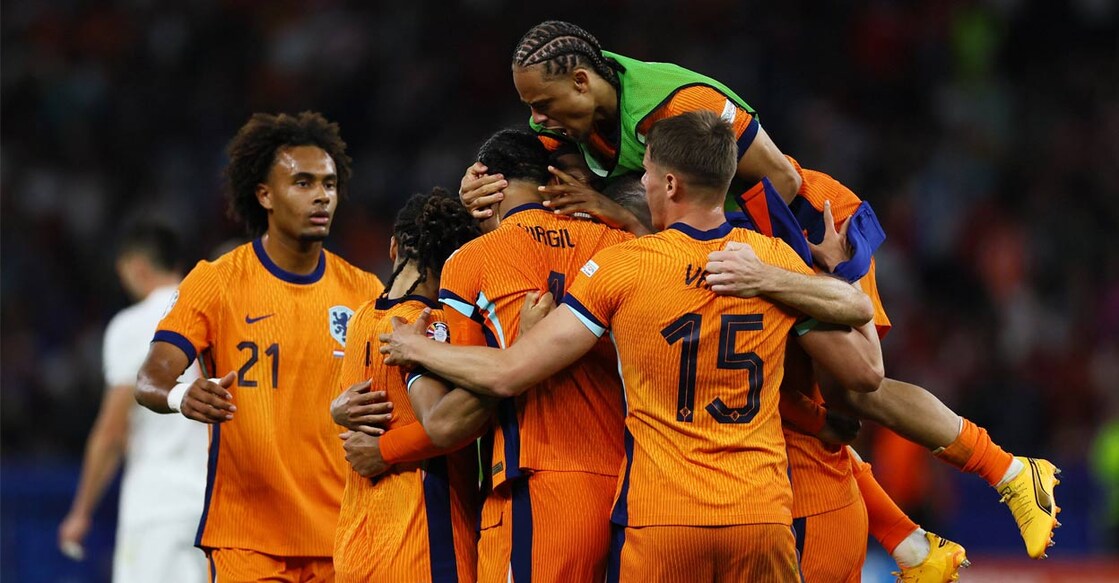 euro-2024-ls Netherlands players celebrate after the match. Photo: Reuters.