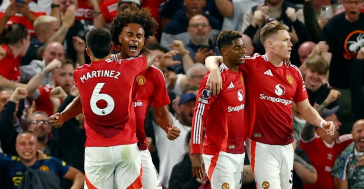 manchester-united-premier-league-c Manchester United's Joshua Zirkzee celebrates scoring their first goal with Lisandro Martinez, Scott McTominay and Marcus Rashford . Photo: Reuters