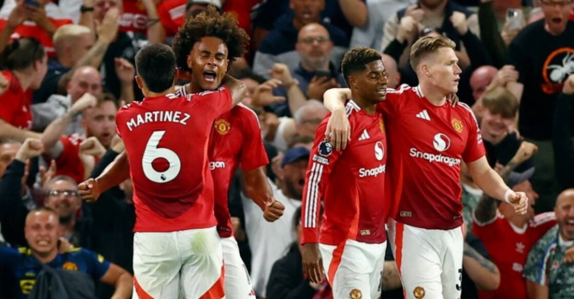 Manchester United's Joshua Zirkzee celebrates scoring their first goal with Lisandro Martinez, Scott McTominay and Marcus Rashford . Photo: Reuters