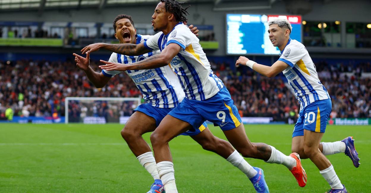 Brighton & Hove Albion's Joao Pedro celebrates scoring their second goal . Photo: Reuters