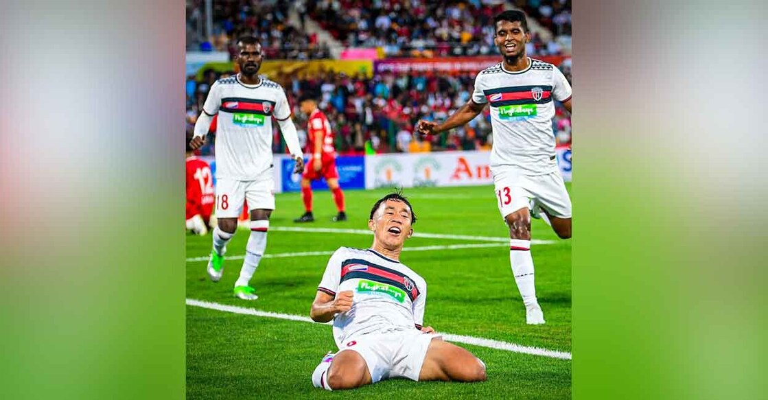 neufc-vs-shillong-durand NorthEast United players celebrate a goal. Photo: X/@thedurandcup