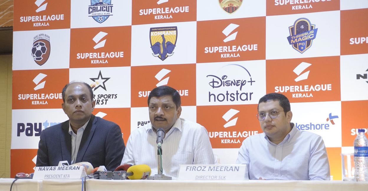 Mathew Joseph, Navas Meeran & Firoz Meeran From left: SLK CEO Mathew Joseph, KFA president Navas Meeran and SLK Director Firoz Meeran during the press conference. Photo: Special Arrangement