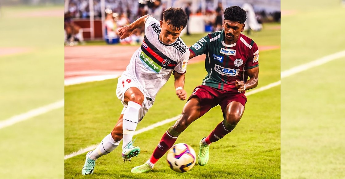 Untitled design - 1 Action between NorthEast United (white) and Mohun Bagan Super Giant in the final. Photo: X/@thedurandcup