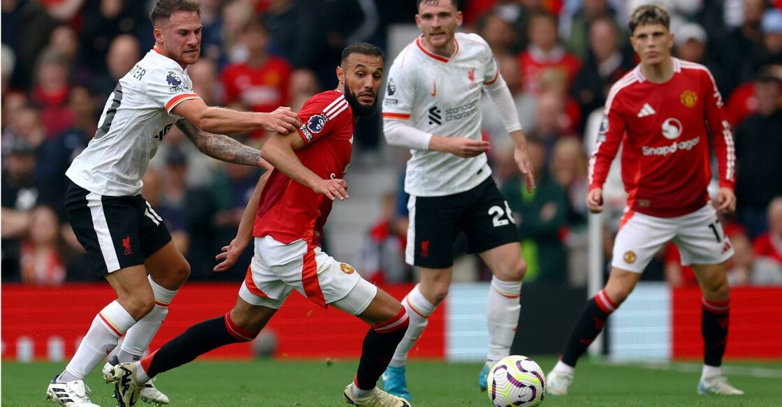 Manchester United's Noussair Mazraoui in action with Liverpool's Alexis Mac Allister. Photo: Reuters