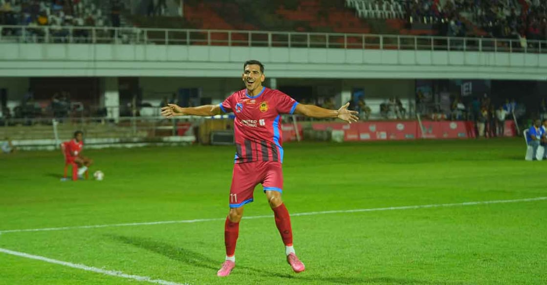 David Grande of Kannur Warriors celebrates his goal against Forca Kochi in a Super League Kerala match at the EMS Corporation Stadium in Kozhikode on Friday. Photo: Special arrangement