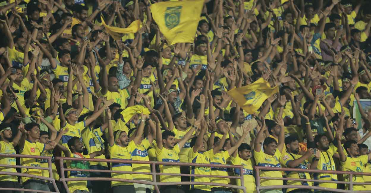Representational image A file photo of Kerala Blasters fans cheering on their team at the Jawaharlal Nehru International Stadium at Kaloor in Kochi. File photo: Manorama