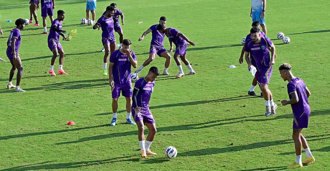 Kerala Blasters players train on the eve of their ISL opener in Kochi. Photo: Special arrangement
