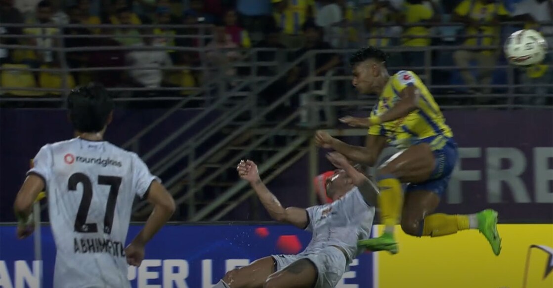 A screengrab from the collision involving Rahul KP (yellow) and Luka Majcen. Photo: JioCinema