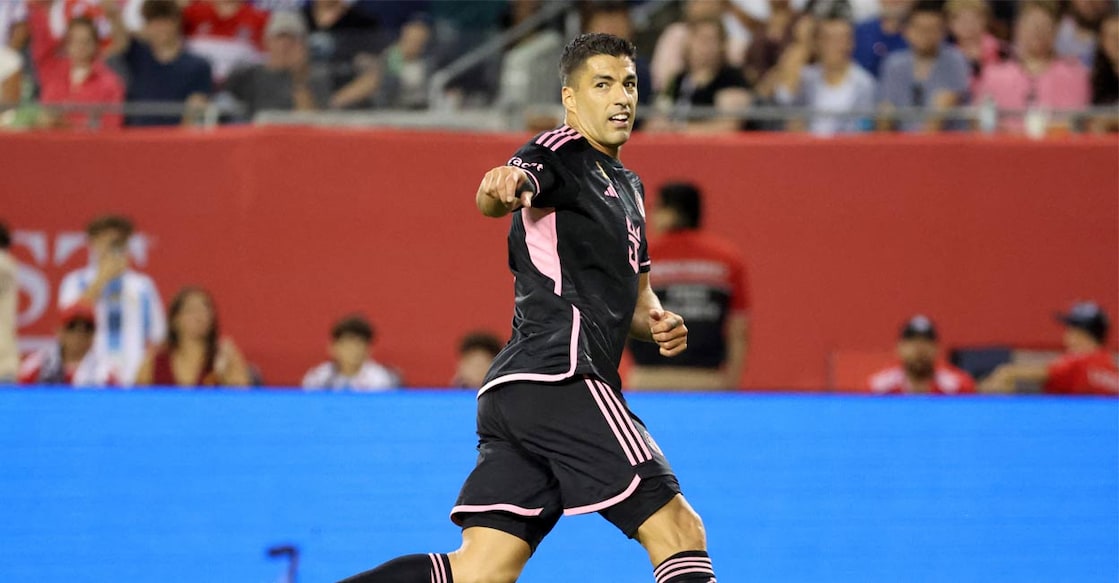 Inter Miami CF forward Luis Suarez (9) celebrates after scoring a goal against Chicago Fire FC in the second half at Soldier Field. File Photo: Reuters. 
