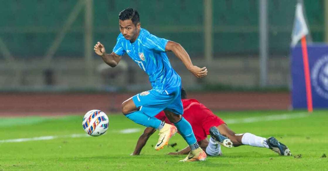 india-vs-mauritius-football-friendly-aiff India's Lallianzuala Chhangte in action against Mauritius. Photo: AIFF