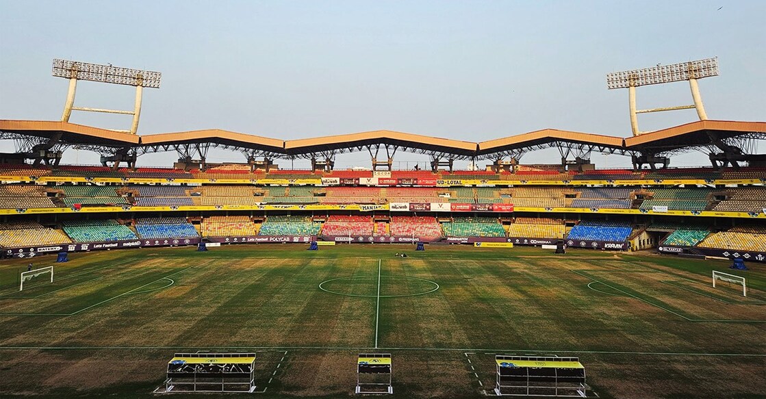The photograph shared by Kerala Blasters shows patches of dead grass on the ground at the Jawaharlal Nehru International Stadium at Kaloor in Kochi