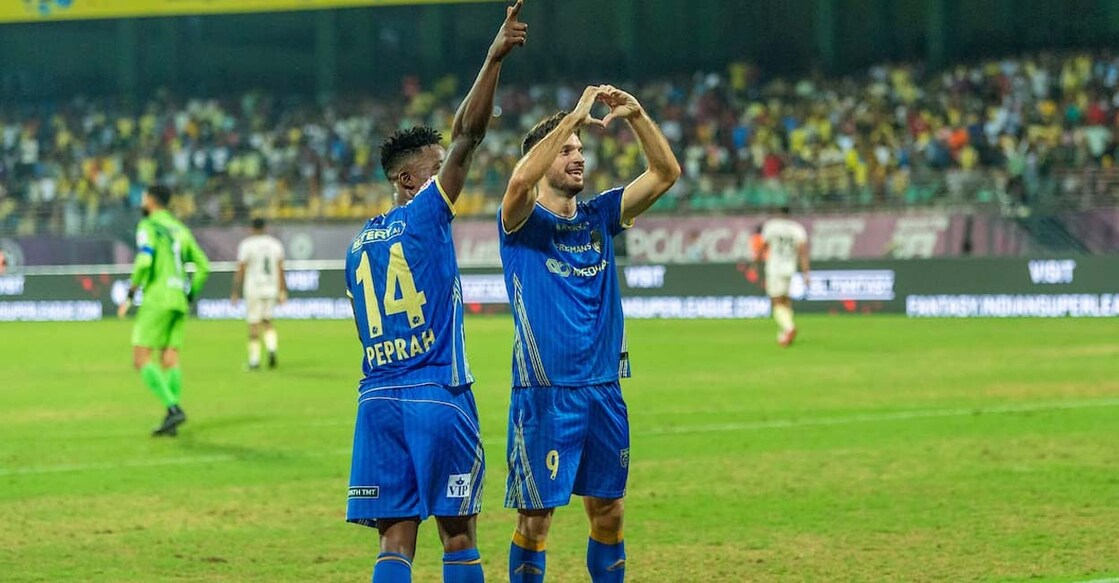 Kerala Blasters' striker Jesus Jimenez (right) celebrates his goal with Kwame Peprah, who scored the first. Photo: ISL