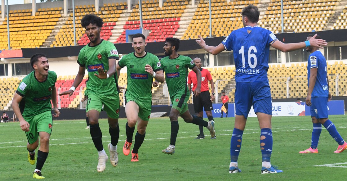 Abhijith K celebrates his goal for Gokulam Kerala against Dempo SC. Photo: Special arrangement