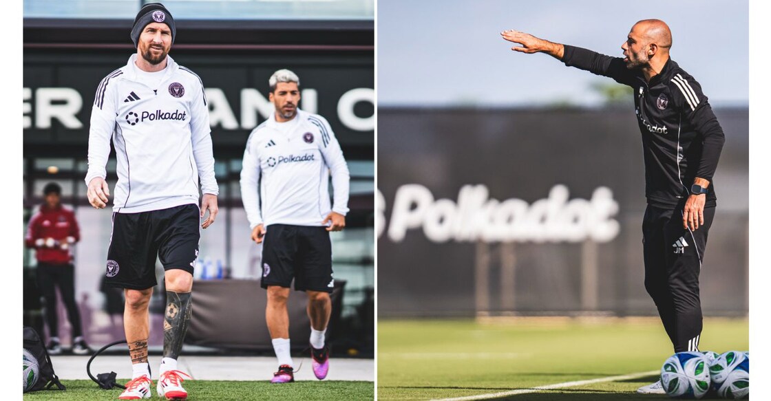 Lionel Messi and Luis Suarez arrive for training at Inter Miami (left). Head Coach Javier Mascherano gives instructions. Photos: X/@InterMiamiCF