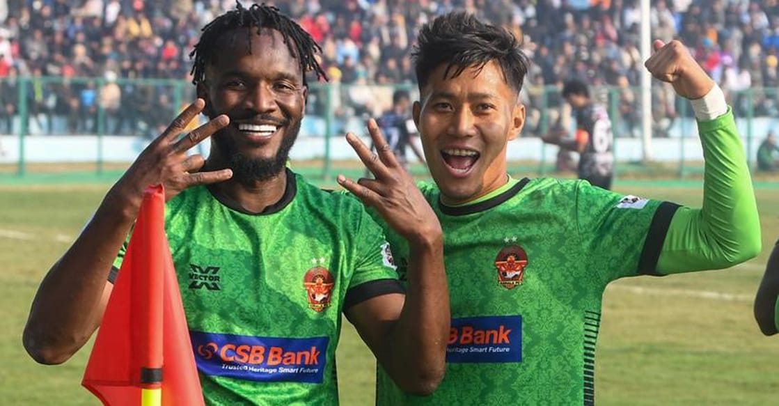 Adama Niane (left) celebrates his goal for Gokulam Kerala against Dehli FC. Photo: GKFC