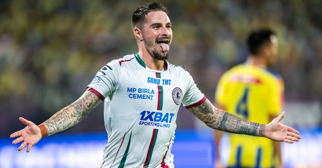 Mohun Bagan Super Giant’s Jamie Maclaren celebrates a goal against Kerala Blasters in Kochi. Photo: ISL