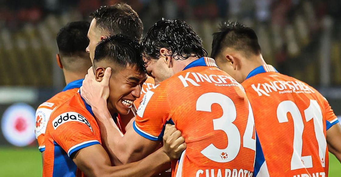 FC Goa players celebrate scoring a goal. Photo: X/ISL