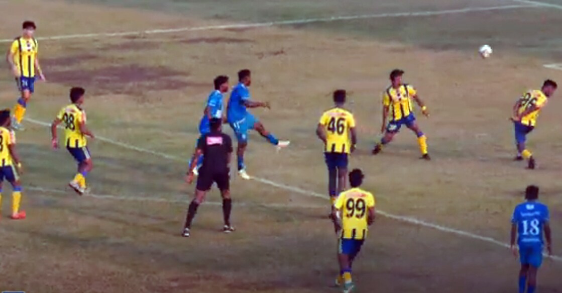 Shagil T S scores the winner for Kovalam FC against Kerala Blasters in the Kerala Premier League in Kozhikode on Monday. Photo: Screengrab/YouTube@scorelinesports