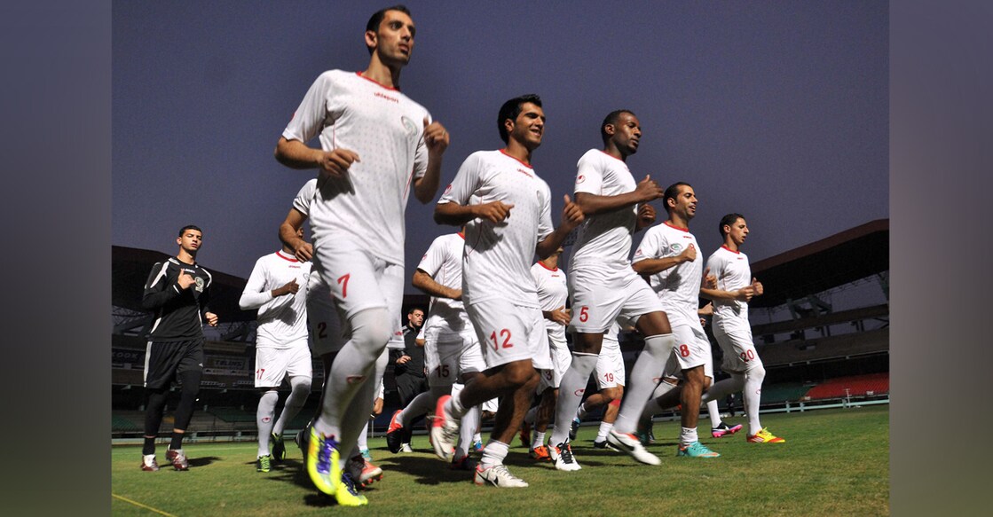 Palestine footballers train at the Jawaharlal Nehru International Stadium in Kochi on February 5, 2013, ahead of a friendly against India. File photo: PTI