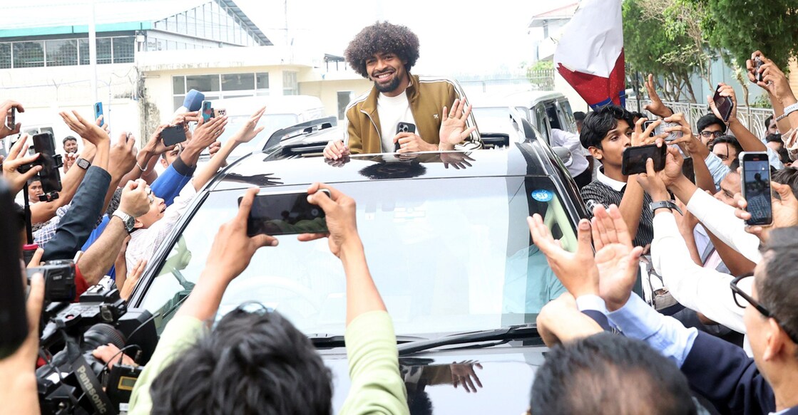 Hamza Choudhury was given a rousing reception on arrival in Bangladesh. Photo: Bangladesh Football Federation
