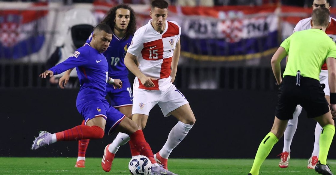 France's forward Kylian Mbappe (L) kicks the ball during the UEFA Nations League quarter-final first-leg football match between Croatia and France at the Poljud Stadium in Split. Photo: AFP