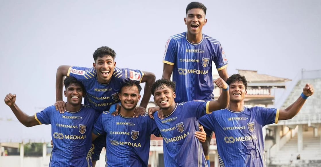 Muhammad Ajsal (third from left) celebrates with his Kerala Blasters teammates after scoring a goal against Real Malabar FC Kondotty in the Kerala Premier League. Photo: Facebook@keralafa