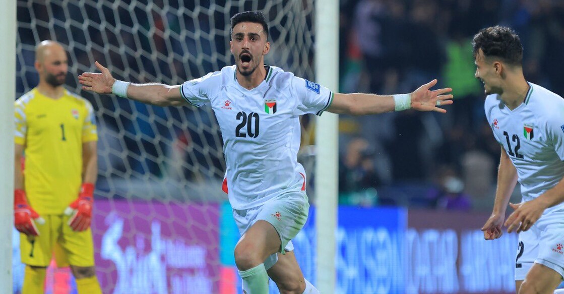 Ameed Mahajneh celebrates his winner for Palestine against Iraq in a FIFA World Cup qualifier in Amman. Photo: X/@Palestine_fa