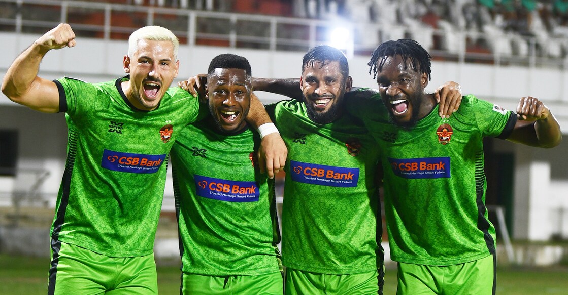 Gokulam Kerala FC players celebrate the win over Sreenidi Deccan in the I-League in Kozhikode. Photo: Gokulam Kerala