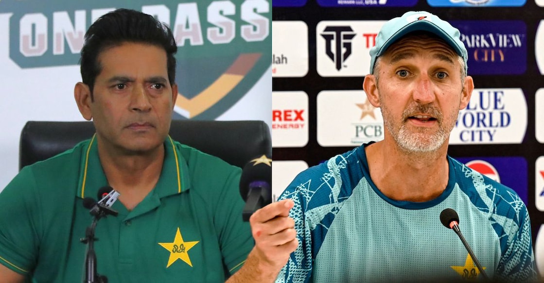 Pakistan’s former Test coach Jason Gillespie (right) has called the interim head coach Aaqib Javed a clown. Photos: PCB/AFP