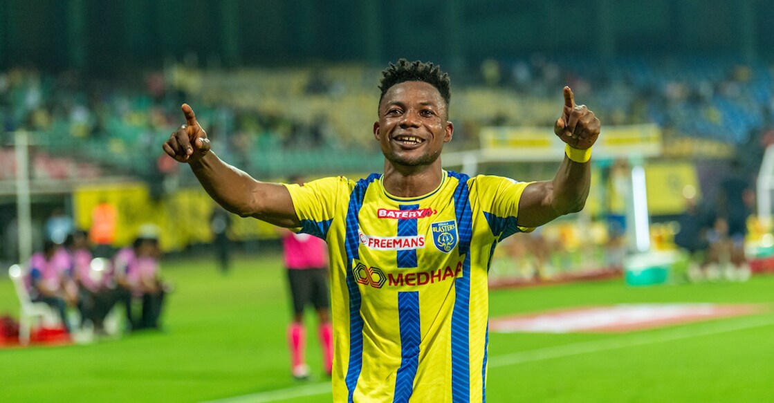 Kwame Peprah celebrates his goal for Kerala Blasters against Mumbai City FC in Kochi on March 7, 2025. Photo: ISL