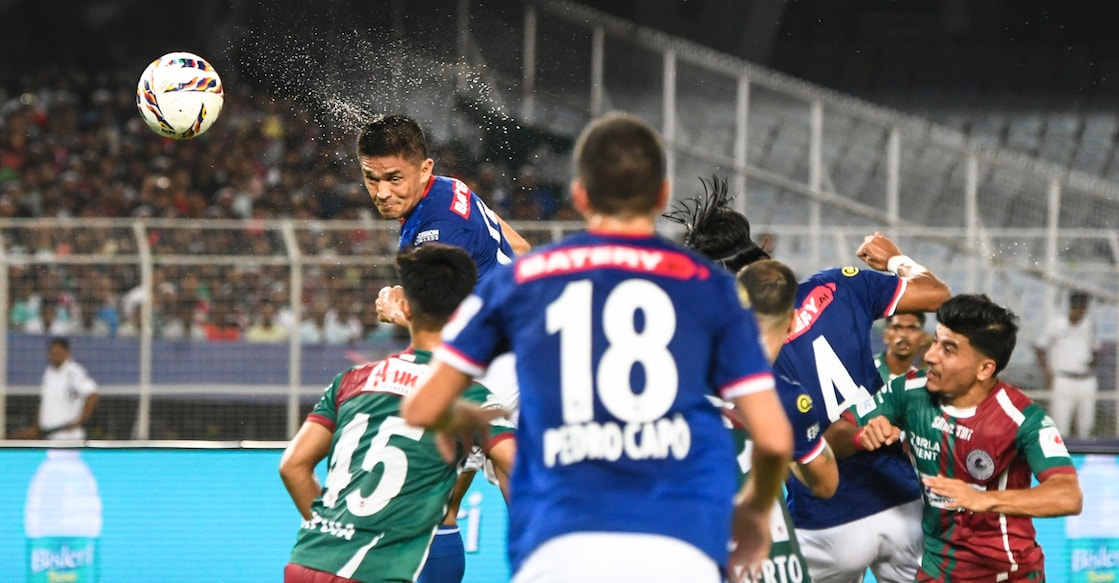 Sunil Chhetri attempting a goal during the ISL final against Mohun Bagan. Photo: X/@bengalurufc