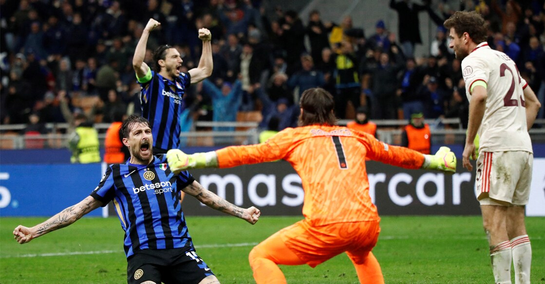 Inter Milan's Francesco Acerbi and Yann Sommer celebrate after the match against Bayern Munich. Photo: REUTERS/Alessandro Garofalo