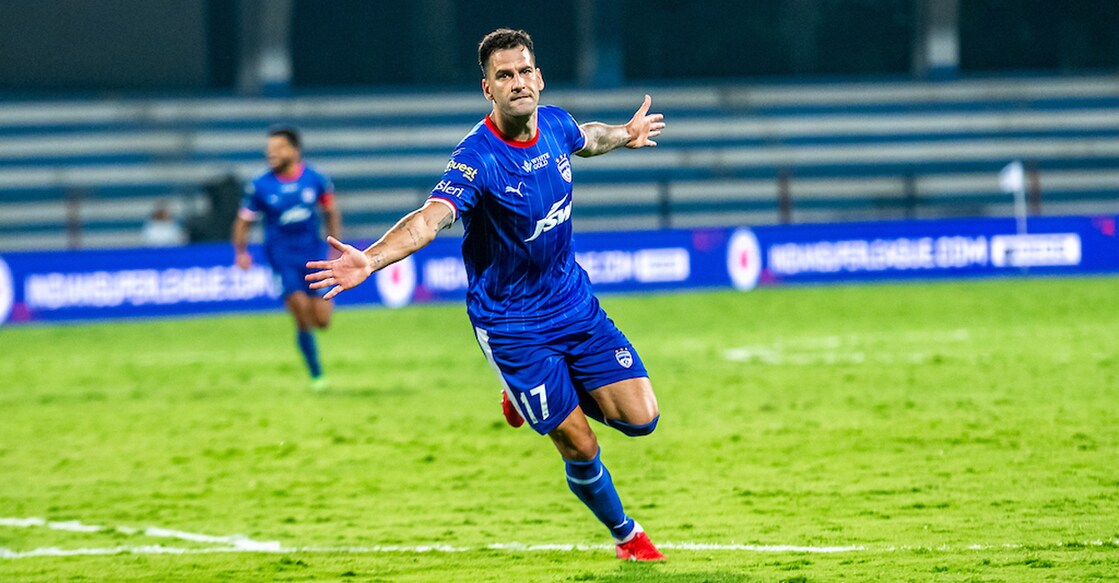 Bengaluru FC’s Edgar Mendez celebrates his goal against FC Goa in the first-leg of the first semifinal in Bengaluru on April 2, 2025. Photo: ISL