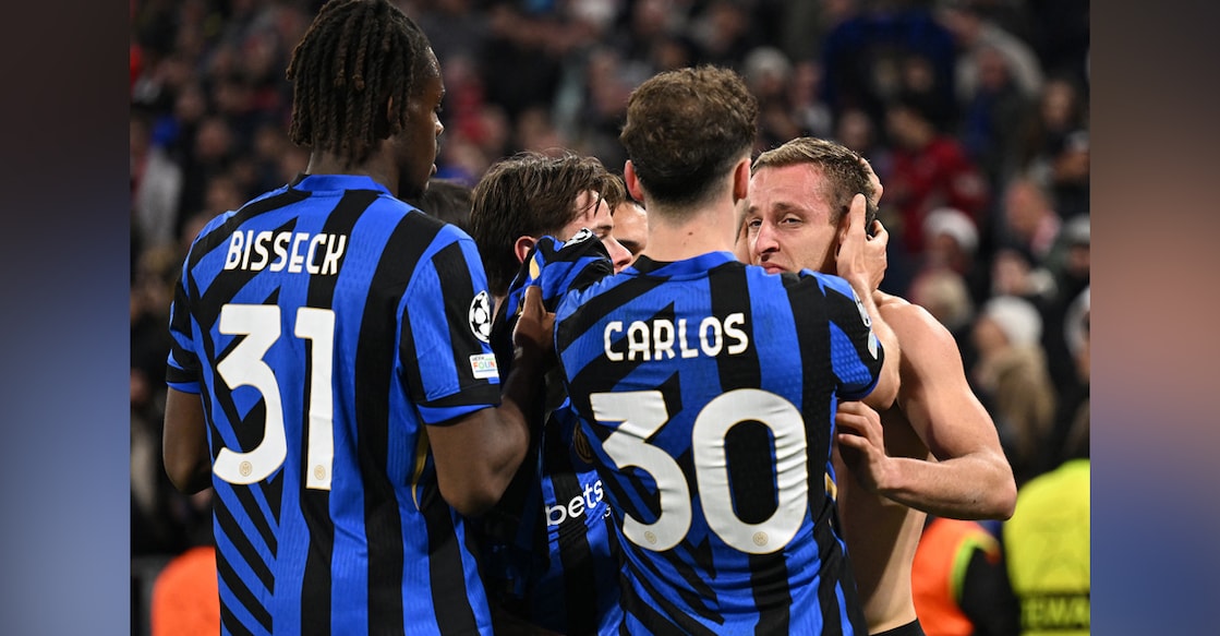 Inter Milan's Davide Frattesi celebrates scoring their second goal with Carlos Augusto. Photo: REUTERS/Angelika Warmuth