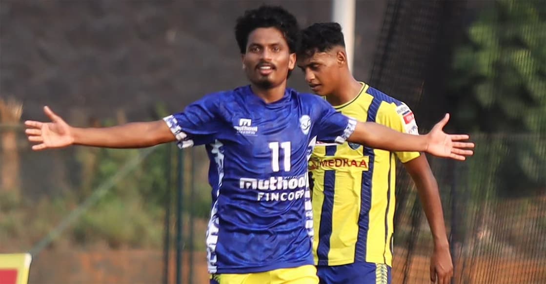 Muthoot FA striker Muhammed Ashar celebrates a goal against Kerala Blasters. Photo: KFA