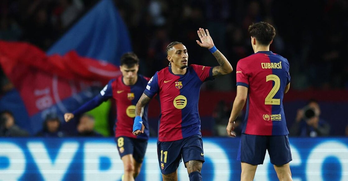 Barcelona's Raphinha celebrates their third goal, an own goal scored by Inter Milan's Yann Sommer . Photo: Reuters