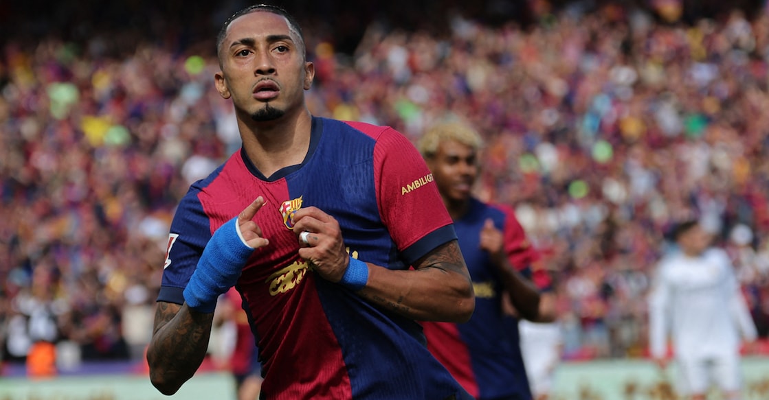 Barcelona's Brazilian forward Raphinha celebrates scoring their fourth goal during the La Liga match against Real Madrid CF at Estadi Olimpic Lluis Companys in Barcelona, on May 11, 2025. Photo: AFP/ Lluis Gene