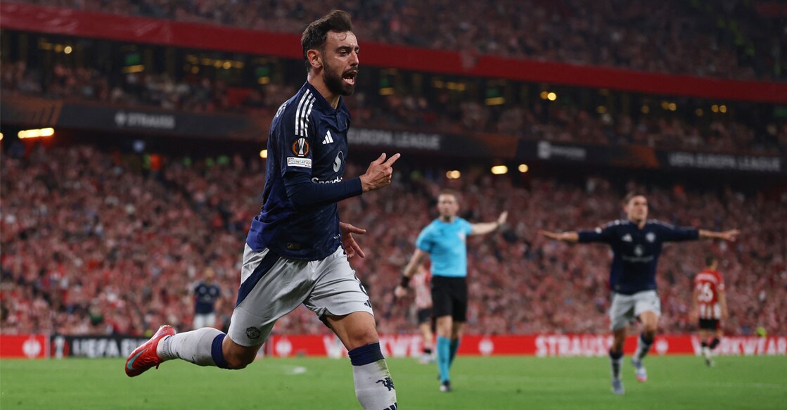 Manchester United's Bruno Fernandes celebrates scoring their third goal. Photo: Action Images via Reuters/Lee Smith
