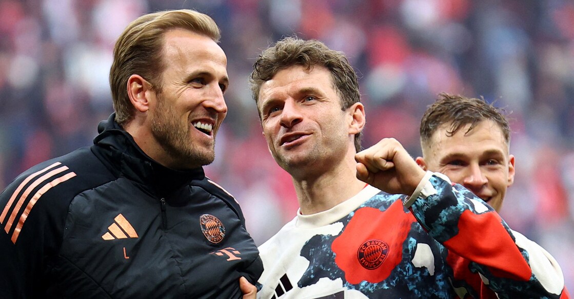 Bayern Munich's Harry Kane and Thomas Muller react after the match. Photo: REUTERS/Lisi Niesner