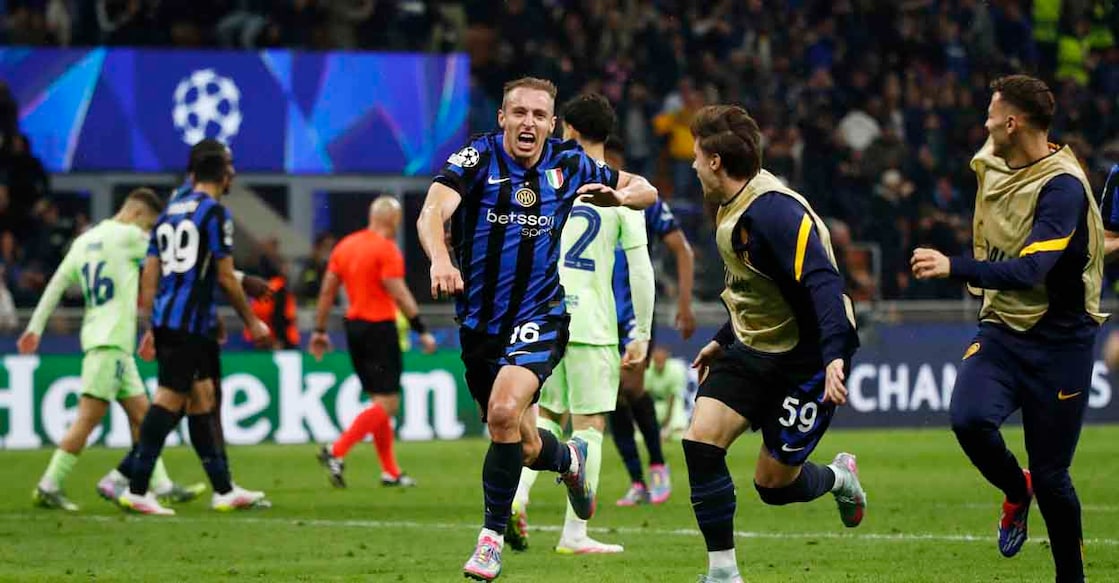 Soccer Football - Champions League - Semi Final - Second Leg - Inter Milan v FC Barcelona - San Siro, Milan, Italy - May 6, 2025 Inter Milan's Davide Frattesi celebrates scoring their fourth goal REUTERS/Alessandro Garofalo