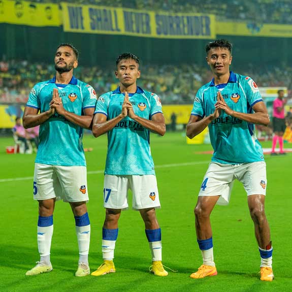 ISL 2024 - 2025 Boris Singh (centre) celebrates his goal with FC Goa teammates against Kerala Blasters in Kochi on Thursday. Photo: ISL