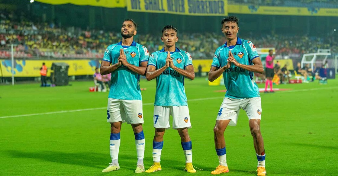 Boris Singh (centre) celebrates his goal with FC Goa teammates against Kerala Blasters in Kochi on Thursday. Photo: ISL
