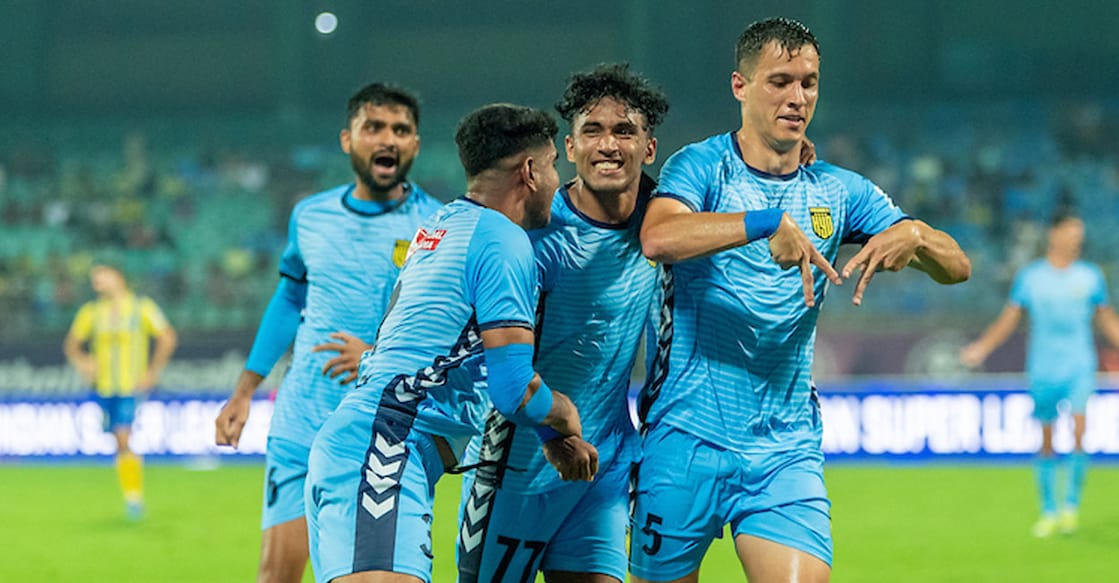 Andrei Alba celebrates his goal for Hyderabad FC against Kerala Blasters at the Jawaharlal Nehru Stadium in Kochi on November 7, 2024. Photo: ISL