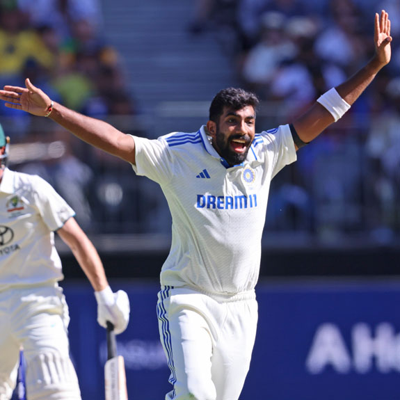 AP11_22_2024_000102A India's captain Jasprit Bumrah appeals for the wicket of Australia's Nathan McSweeney on the first day of the first Test in Perth, Australia on Nov. 22, 2024. Photo: AP via PTI