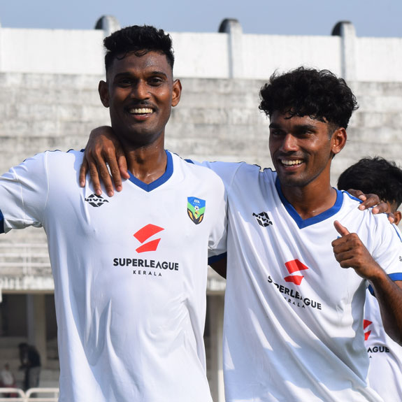 Sajeesh E and Naseeb Rahman scored two goals each in Kerala's 7-0 win over Pondicherry in the Group H qualifiers of the Santosh Trophy in Kozhikode on Sunday. Photo: Special arrangement