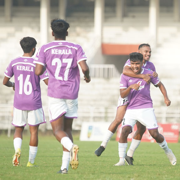 Kerala players celebrate a goal against Lakshadweep in their Group H qualifier in the Santosh Trophy at the EMS Corporation Stadium in Kozhikode on Friday. Photo: Special arrangement