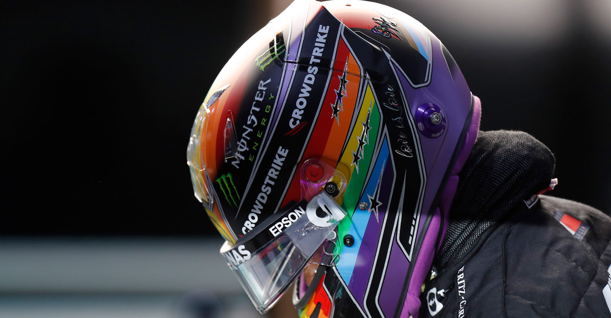 Lewis Hamilton wears a rainbow-coloured helmet in practice. Photo: Reuters